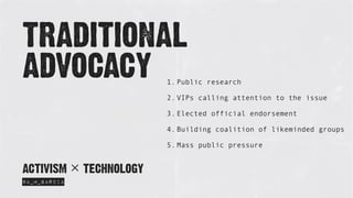 TRADITIONAL
ADVOCACY
@A_M_GARCIA
ACTIVISM × TECHNOLOGY
1. Public research
2. VIPs calling attention to the issue
3. Elected official endorsement
4. Building coalition of likeminded groups
5. Mass public pressure
 