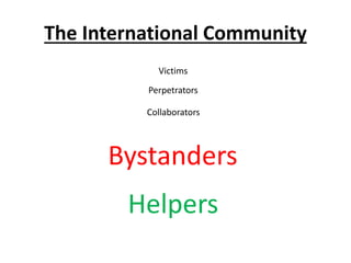 The International Community
Victims
Perpetrators
Collaborators
Bystanders
Helpers
 