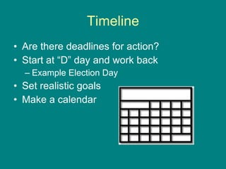 Timeline Are there deadlines for action? Start at “D” day and work back Example Election Day Set realistic goals Make a calendar 