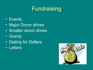 Fundraising Events Major Donor drives Smaller donor drives Grants Dialing for Dollars Letters 