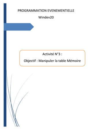 PROGRAMMATION EVENEMENTIELLE
Windev20
Activité N°3 :
Objectif : Manipuler la table Mémoire
 