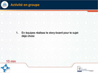Activité en groupe




         1.   En équipes réalisez le story-board pour le sujet
              déjà choisi




10 min
 