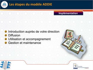 Les étapes du modèle ADDIE

                                     Implémentation




Introduction auprès de votre direction
Diffusion
Utilisation et accompagnement
Gestion et maintenance
 
