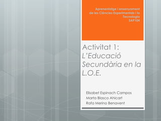 Aprenentatge i ensenyament
de les Ciències Experimentals i la
Tecnologia
SAP104

Activitat 1:
L’Educació
Secundària en la
L.O.E.
Elisabet Espinach Campos
Marta Blasco Ahicart
Rafa Merino Benavent

 