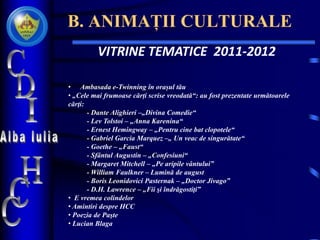 B. ANIMAȚII CULTURALE
VITRINE TEMATICE 2011-2012
• Ambasada e-Twinning în orașul tău
• „Cele mai frumoase cărți scrise vreodată“: au fost prezentate următoarele
cărţi:
- Dante Alighieri –„Divina Comedie“
- Lev Tolstoi – „Anna Karenina“
- Ernest Hemingway – „Pentru cine bat clopotele“
- Gabriel Garcia Marquez –„ Un veac de singurătate“
- Goethe – „Faust“
- Sfântul Augustin – „Confesiuni“
- Margaret Mitchell – „Pe aripile vântului‟
- William Faulkner – Lumină de august
- Boris Leonidovici Pasternak – „Doctor Jivago‟
- D.H. Lawrence – „Fii şi îndrăgostiţi‟
• E vremea colindelor
• Amintiri despre HCC
• Poezia de Paşte
• Lucian Blaga
 