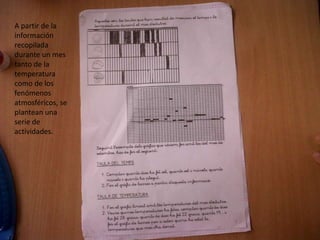 A partir de la
información
recopilada
durante un mes
tanto de la
temperatura
como de los
fenómenos
atmosféricos, se
plantean una
serie de
actividades.
 