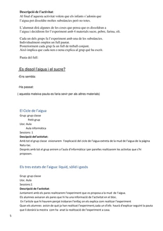 Descripció de l’activitat:
     Al final d’aquesta activitat volem que els infants s’adonin que
     l’aigua pot dissoldre moltes substàncies però no totes.

     L’alumnat dirà algunes de les coses que pensa que es dissoldran a
     l’aigua i decidirem fer l’experiment amb 4 materials:sucre, pebre, farina, oli.

     Cada un dels grups fa l’experiment amb una de les substàncies.
     Individualment omplen un full pautat.
     Posteriorment cada grup fa un full de treball conjunt.
     Això implica que cada nen o nena explica al grup què ha escrit.

     Pauta del full:


     Es dissol l’aigua i el sucre?
    -Ens sembla:


    -Ha passat:

    ( aquesta mateixa pauta es faria sevir per als altres materials)




     El Cicle de l’aigua
     Grup: grup classe
            Petit grup
     Lloc: Aula
           Aula informática
     Sessions: 1
     Descipció del’activitat:
     Amb tot el grup classe visionarem l’explicació del cicle de l’aigua extreta de la mud de l’aigua de la página
     Natu-tac.
     Després amb tot el grup anirem a l’aula d’informàtica i per parelles realitzarem les activitas que s’hi
     proposen.



     Els tres estats de l’aigua: líquid, sòlid i gasós

     Grup: grup classe
     Lloc. Aula
     Sessions:1
     Descripció de l’activitat:
     Juntament amb els pares realitzarem l’experiment que es proposa a la mud de l’aigua.
     Els alumnes avisaran als pares que hi ha una informació de l’activitat en el bloc.
      En l’article que hi haurem penjat trobaran l’enllaç on els explica com realitzar l’experiment
     Quan els alumnes avisin de què ja han realitzat l’experiment,cada un d’ells haurà d’explicar seguint la pauta
     que li donàrà la mestra com ha anat la realització de l’experiment a casa.
5
 