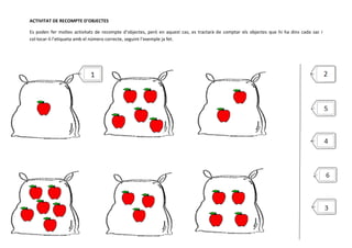ACTIVITAT DE RECOMPTE D’OBJECTES

Es poden fer moltes activitats de recompte d’objectes, però en aquest cas, es tractarà de comptar els objectes que hi ha dins cada sac i
col·locar-li l’etiqueta amb el número correcte, seguint l’exemple ja fet.
 