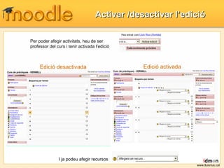 Activar /desactivar l’edició www.lluisrius.cat Per poder afegir activitats, heu de ser professor del curs i tenir activada l’edició Edició desactivada Edició activada I ja podeu afegir recursos 