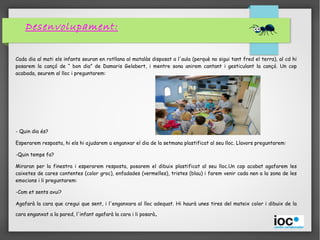 Desenvolupament:
Cada dia al mati els infants seuran en rotllana al matalàs disposat a l'aula (perquè no sigui tant fred el terra), al cd hi
posarem la cançó de “ bon dia” de Damaris Gelabert, i mentre sona anirem cantant i gesticulant la cançó. Un cop
acabada, seurem al lloc i preguntarem:
- Quin dia és?
Esperarem resposta, hi els hi ajudarem a enganxar el dia de la setmana plastificat al seu lloc. Llavors preguntarem:
-Quin temps fa?
Miraran per la finestra i esperarem resposta, posarem el dibuix plastificat al seu lloc.Un cop acabat agafarem les
caixetes de cares contentes (color groc), enfadades (vermelles), tristes (blau) i farem venir cada nen a la zona de les
emocions i li preguntarem:
-Com et sents avui?
Agafarà la cara que cregui que sent, i l'enganxara al lloc adequat. Hi haurà unes tires del mateix color i dibuix de la
cara enganxat a la pared, l'infant agafarà la cara i li posarà.
 