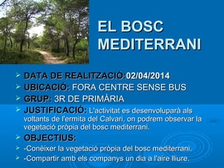 EL BOSC
MEDITERRANI





DATA DE REALITZACIÓ:02/04/2014
UBICACIÓ: FORA CENTRE SENSE BUS
GRUP: 3R DE PRIMÀRIA
JUSTIFICACIÓ: L'activitat es desenvoluparà als

voltants de l'ermita del Calvari, on podrem observar la
vegetació pròpia del bosc mediterrani.


OBJECTIUS:



-Conèixer la vegetació pròpia del bosc mediterrani.
-Compartir amb els companys un dia a l'aire lliure.



 