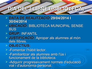 DIA DEL LLIBRE (BIBLIOTECA)









DATA DE REALITZACIÓ:29/04/2014 I
30/04/2014
UBICACIÓ: BIBLIOTECA MUNICIPAL SENSE
BUS
GRUP: INFANTIL
JUSTIFICACIÓ: Apropar als alumnes al món
dels llibres.
OBJECTIUS:
-Fomentar l'hàbit lector.
-Familiaritzar als alumnes amb l'ús i
funcionament de la biblioteca.
-Adquirir progressivament normes d'educació
vial i d'autonomia personal.

 