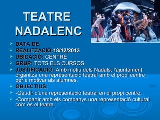 TEATRE
NADALENC










DATA DE
REALITZACIÓ:18/12/2013
UBICACIÓ: CENTRE
GRUP: TOTS ELS CURSOS
JUSTIFICACIÓ: Amb motiu dels Nadals, l'ajuntament
organitza una representació teatral amb el propi centre
per a motivar als alumnes.
OBJECTIUS:
-Gaudir d'una representació teatral en el propi centre.
-Compartir amb els companys una representació cultural
com és el teatre.

 