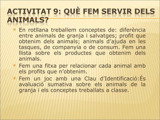 En rotllana treballem conceptes de: diferència entre animals de granja i salvatges; profit que obtenim dels animals; animals d’ajuda en les tasques, de companyia o de consum. Fem una llista sobre els productes que obtenim dels animals.  Fem una fitxa per relacionar cada animal amb els profits que n’obtenim.  Fem un joc amb una Clau d’Identificació:É s avaluació sumativa sobre els animals de la granja i els conceptes treballats a classe.  
