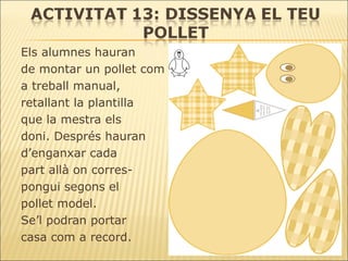 Els alumnes hauran  de montar un pollet com  a treball manual,  retallant la plantilla  que la mestra els  doni. Després hauran  d’enganxar cada  part allà on corres- pongui segons el  pollet model.  Se’l podran portar  casa com a record. 