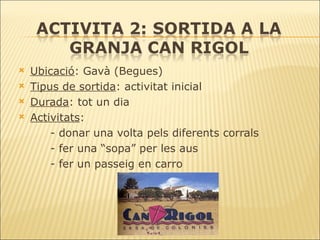 Ubicació : Gavà (Begues) Tipus de sortida : activitat inicial Durada : tot un dia Activitats :  - donar una volta pels diferents corrals - fer una “sopa” per les aus - fer un passeig en carro 