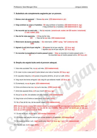 Professora: Sara Marugan Oliva Llengua catalana
12
7. Substituïu els complements següents per un pronom.
1. Deixeu anar els gossos! / Deixeu-los anar. (CD determinat m. pl.)
CD
2. Vaig conèixer en Joan a l’autobús. / El vaig conèixer a l’autobús. (CD determinat m. sg.)
CD / Vaig conèixer-lo a l’autobús. (CD determinat m. sg.)
3. No recordo qui va venir ahir. / No ho recordo. (oració sub. subst. de CD neutre i oracional)
o. sub. subst. (CD)
4. Has de fer més exercicis. / N’has de fer més.
CD / Has de fer-ne més. (CD indeterminat)
5. Retornaren de terres perdudes. / En retornaren. (CRV + prep. “de”) (retornar de)
CRV
6. Agraeix (a mi) tot el que vaig fer. / M’agraeix tot el que vaig fer. (CI 1a p. sg.)
CI / Agraeix-me tot el que vaig fer. (CI 1a p. sg.)
7. Va recordar (a nosaltres) el nostre passat comú. / Ens va recordar el nostre passat comú. /
CI Va recordar-nos el nostre passat comú. (CI 1a p. pl.)
8. Ompliu els espais buits amb el pronom adequat.
1. Vols més xocolata? No, no en vull més. (CD indeterminat)
2. En Joan no és a casa però li pots deixar una nota a l’escola. (CI 3a p. sg.)
3. En aquesta màquina, si hi poses cinquanta cèntims, et surt un cafè. (CCL)
4. Vaig veure les teves amigues i els vaig dir que estaves malalt. (CI 3a p. pl.)
5. D’orientació, no en té gens. (CD indeterminat)
6. Entra a la feina a les nou i en surt a les deu. (CRV) (sortir de)
7. Amb tota aquesta feina, m’hi puc morir! (CI 1a p. sg.)
8. Ara ja no en fan, de sabates com les d’abans. (CD indeterminat)
9. Vaig trucar a la Cristina a casa seva i no hi era. (CCL)
10. No n’has de fer res, de les seves coses! (CD indeterminat)
[EN= de les seves coses, CD indeterminat] La preposició DE acompanya el substantiu RES, per
tant, és un CD indeterminat (no has de fer res D’AIXÒ). “Res d’això” té sentit per si sol, per
tant, és un CD indeterminat de RES]
11. Si això et fa por, no ho facis. (CD neutre i oracional)
12. El primer que vaig fer amb el gos va ser portar-lo al veterinari. (CD determinat)
13. De quatre a dotze: vuit, i me’n porto una. (me = CI 1a p. sg. + en = CD indeterminat)
14. Fes-me cas: no hi vagis. (CCL)
 