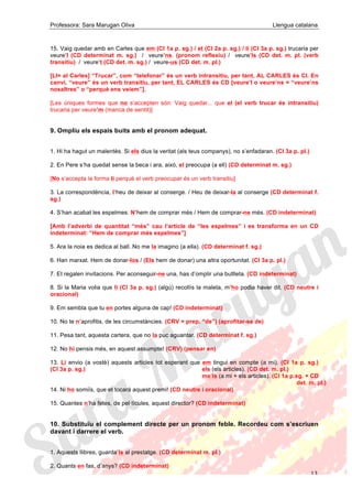 Professora: Sara Marugan Oliva Llengua catalana
13
15. Vaig quedar amb en Carles que em (CI 1a p. sg.) / et (CI 2a p. sg.) / li (CI 3a p. sg.) trucaria per
veure’l (CD determinat m. sg.) / veure’ns. (pronom reflexiu) / veure’ls (CD det. m. pl. (verb
transitiu) / veure’t (CD det. m. sg.) / veure-us (CD det. m. pl.)
[LI= al Carles] “Trucar”, com “telefonar” és un verb intransitiu, per tant, AL CARLES és CI. En
canvi, “veure” és un verb transitiu, per tant, EL CARLES és CD [veure’l o veure’ns = “veure’ns
nosaltres” o “perquè ens veiem”].
[Les úniques formes que no s’accepten són: Vaig quedar... que el (el verb trucar és intransitiu)
trucaria per veure’m (manca de sentit)]
9. Ompliu els espais buits amb el pronom adequat.
1. Hi ha hagut un malentès. Si els dius la veritat (als teus companys), no s’enfadaran. (CI 3a p. pl.)
2. En Pere s’ha quedat sense la beca i ara, això, el preocupa (a ell) (CD determinat m. sg.)
[No s’accepta la forma li perquè el verb preocupar és un verb transitiu]
3. La correspondència, l’heu de deixar al conserge. / Heu de deixar-la al conserge (CD determinat f.
sg.)
4. S’han acabat les espelmes. N’hem de comprar més / Hem de comprar-ne més. (CD indeterminat)
[Amb l’adverbi de quantitat “més” cau l’article de “les espelmes” i es transforma en un CD
indeterminat: “Hem de comprar més espelmes”]
5. Ara la noia es dedica al ball. No me la imagino (a ella). (CD determinat f. sg.)
6. Han marxat. Hem de donar-los / (Els hem de donar) una altra oportunitat. (CI 3a p. pl.)
7. Et regalen invitacions. Per aconseguir-ne una, has d’omplir una butlleta. (CD indeterminat)
8. Si la Maria volia que li (CI 3a p. sg.) (algú) recollís la maleta, m’ho podia haver dit. (CD neutre i
oracional)
9. Em sembla que tu en portes alguna de cap! (CD indeterminat)
10. No te n’aprofitis, de les circumstàncies. (CRV + prep. “de”) (aprofitar-se de)
11. Pesa tant, aquesta cartera, que no la puc aguantar. (CD determinat f. sg.)
12. No hi pensis més, en aquest assumpte! (CRV) (pensar en)
13. Li envio (a vostè) aquests articles tot esperant que em tingui en compte (a mi). (CI 1a p. sg.)
(CI 3a p. sg.) els (els articles). (CD det. m. pl.)
me’ls (a mi + els articles). (CI 1a p.sg. + CD
det. m. pl.)
14. Ni ho somiïs, que et tocarà aquest premi! (CD neutre i oracional)
15. Quantes n’ha fetes, de pel·lícules, aquest director? (CD indeterminat)
10. Substituïu el complement directe per un pronom feble. Recordeu com s’escriuen
davant i darrere el verb.
1. Aquests llibres, guarda’ls al prestatge. (CD determinat m. pl.)
2. Quants en fas, d’anys? (CD indeterminat)
 