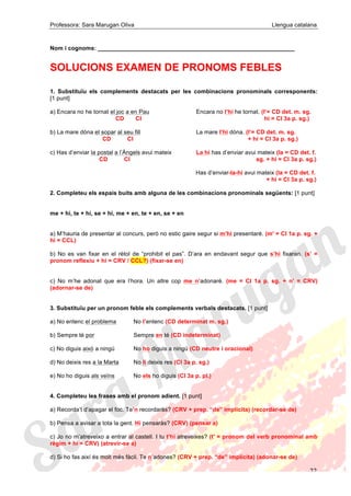 Professora: Sara Marugan Oliva Llengua catalana
22
Nom i cognoms: ____________________________________________________________
SOLUCIONS EXAMEN DE PRONOMS FEBLES
1. Substituïu els complements destacats per les combinacions pronominals corresponents:
[1 punt]
a) Encara no he tornat el joc a en Pau Encara no l’hi he tornat. (l’= CD det. m. sg.
CD CI hi = CI 3a p. sg.)
b) La mare dóna el sopar al seu fill La mare l’hi dóna. (l’= CD det. m. sg.
CD CI + hi = CI 3a p. sg.)
c) Has d’enviar la postal a l’Àngels avui mateix La hi has d’enviar avui mateix (la = CD det. f.
CD CI sg. + hi = CI 3a p. sg.)
Has d’enviar-la-hi avui mateix (la = CD det. f.
+ hi = CI 3a p. sg.)
2. Completeu els espais buits amb alguna de les combinacions pronominals següents: [1 punt]
me + hi, te + hi, se + hi, me + en, te + en, se + en
a) M’hauria de presentar al concurs, però no estic gaire segur si m’hi presentaré. (m' = CI 1a p. sg. +
hi = CCL)
b) No es van fixar en el rètol de “prohibit el pas”. D’ara en endavant segur que s’hi fixaran. (s’ =
pronom reflexiu + hi = CRV / CCL?) (fixar-se en)
c) No m’he adonat que era l’hora. Un altre cop me n’adonaré. (me = CI 1a p. sg. + n’ = CRV)
(adornar-se de)
3. Substituïu per un pronom feble els complements verbals destacats. [1 punt]
a) No entenc el problema No l’entenc (CD determinat m. sg.)
b) Sempre té por Sempre en té (CD indeterminat)
c) No diguis això a ningú No ho diguis a ningú (CD neutre i oracional)
d) No deixis res a la Marta No li deixis res (CI 3a p. sg.)
e) No ho diguis als veïns No els ho diguis (CI 3a p. pl.)
4. Completeu les frases amb el pronom adient. [1 punt]
a) Recorda’t d’apagar el foc. Te’n recordaràs? (CRV + prep. “de” implícita) (recordar-se de)
b) Pensa a avisar a tota la gent. Hi pensaràs? (CRV) (pensar a)
c) Jo no m’atreveixo a entrar al castell. I tu t’hi atreveixes? (t' = pronom del verb pronominal amb
règim + hi = CRV) (atrevir-se a)
d) Si ho fas així és molt més fàcil. Te n’adones? (CRV + prep. “de” implícita) (adonar-se de)
 