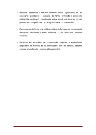 ^ Redactar, reescriure i resumir diferents textos significatius en les
situacions quotidianes i escolars, de forma ordenada i adequada,
utilitzant la planificació i revisió dels textos, tenint cura amb les normes
gramaticals i ortogràfiques i la cal·ligrafia, l’orde i la presentació.
^ Expressar-se de forma oral, utilitzant diferents funcions de comunicació,
vocabulari, entonació i ritme adequats, i una estructura narrativa
coherent.
^ Participar en situacions de comunicació, dirigides o espontànies,
respectant les normes de la comunicació: torn de paraula, escoltar,
exposar amb claredat i entonar adequadament.
 