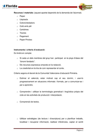 Página 2
Recursos i materials: (aquest apartat dependrà de la demanda de l’alumnat)
^ Paper
^ Llapissós
^ Colors/retoladors
^ Cotó amb pèl
^ Cartolines
^ Tisores
^ Pegament
^ Paper Pinotxo
Instruments i criteris d’avaluació:
Es tindrà en compte:
^ Si cada un dels membres del grup han participat en la pluja d’idees del
“binomi fantàstic”.
^ Els recursos expressius emprats en la redacció.
^ La creativitat en la tria de com representar el conte.
Criteris segons el decret de la Comunitat Valenciana d’educació Primària.
^ Estimar el valencià, estar motivat cap al seu domini, i usar-lo
progressivament en situacions informals i formals, per a comunicar-se i
per a aprendre.
^ Comprendre i utilitzar la terminologia gramatical i lingüística pròpia del
cicle en les activitats de producció i interpretació.
^ Comprensió de textos.
^ Utilitzar estratègies (de lectura i d’escriptura) per a planificar treballs,
localitzar i recuperar informació, realitzar inferències, captar el sentit
 
