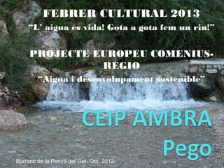 FEBRER CULTURAL 2013
“L’ aigua és vida! Gota a gota fem un riu!”
PROJECTE EUROPEU COMENIUS-
REGIO
“Aigua i desenvolupament sostenible”
Barranc de la Penya del Gat- Oct. 2012
 
