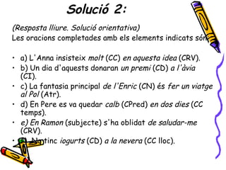 Solució 2:
(Resposta lliure. Solució orientativa)
Les oracions completades amb els elements indicats són:

• a) L'Anna insisteix molt (CC) en aquesta idea (CRV).
• b) Un dia d'aquests donaran un premi (CD) a l'àvia
  (CI).
• c) La fantasia principal de l'Enric (CN) és fer un viatge
  al Pol (Atr).
• d) En Pere es va quedar calb (CPred) en dos dies (CC
  temps).
• e) En Ramon (subjecte) s'ha oblidat de saludar-me
  (CRV).
• f) No tinc iogurts (CD) a la nevera (CC lloc).
 