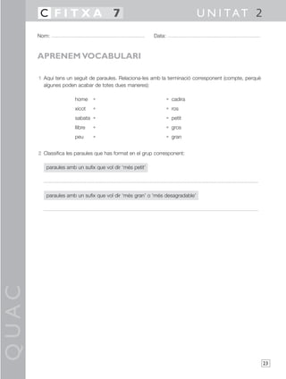 QUAC
23
1 Aquí tens un seguit de paraules. Relaciona-les amb la terminació corresponent (compte, perquè
algunes poden acabar de totes dues maneres):
home • • cadira
xicot • • ros
sabata • • petit
llibre • • gros
peu • • gran
2 Classifica les paraules que has format en el grup corresponent:
paraules amb un sufix que vol dir ‘més petit’
paraules amb un sufix que vol dir ‘més gran’ o ‘més desagradable’
Nom: Data:
U N I TAT 2C F I T X A 7
APRENEM VOCABULARI
 