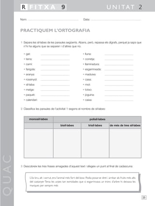 QUAC
25
1 Separa les síl·labes de les paraules següents. Abans, però, repassa els dígrafs, perquè ja saps que
n’hi ha alguns que se separen i d’altres que no.
• gat: • lluna:
• terra: • corretja:
• camí: • llaminadura:
• farigola: • esgarrinxada:
• aranya: • maduixa:
• rossinyol: • casa:
• síl·laba: • mot:
• metge: • totxo:
• paquet: • joguina:
• calendari: • caixa:
2 Classifica les paraules de l’activitat 1 segons el nombre de síl·labes:
3 Descobreix les tres frases amagades d’aquest text i afegeix un punt al final de cadascuna:
Nom: Data:
U N I TAT 2R F I T X A 9
PRACTIQUEM L’ORTOGRAFIA
L’ós bru, alt i sorrut, era l’animal més fort del bosc Podia posar-se dret i arribar als fruits més alts
del castanyer Tenia les urpes tan esmolades que si esgarrinxava un tronc d’arbre hi deixava les
marques per sempre més
monosíl·labes
trisíl·labes
polisíl·labes
bisíl·labes de més de tres síl·labes
 