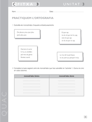 QUAC
35
1 Subratlla els monosíl·labs d’aquests embarbussaments:
2 Completa la taula següent amb els monosíl·labs que has subratllat en l’activitat 1. Escriu-ne cinc
en cada columna:
Nom: Data:
U N I TAT 3C F I T X A 3
PRACTIQUEM L’ORTOGRAFIA
monosíl·labs tònics monosíl·labs àtons
De ploure, prou que plou
però plou poc.
La rica de la parròquia
no du perruca perquè li reca.
El que sap
no és el que tot ho sap,
sinó el que sap
on és el que no sap.
Darrere el carrer
hi ha un ametller;
pel mes de gener,
floretes veuré.
 