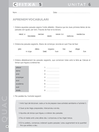 1 Ordena aquestes paraules segons l’ordre alfabètic. Observa que les dues primeres lletres de les
paraules són iguals; per tant, t’hauràs de fixar en la tercera.
2 Ordena les paraules següents. Abans de començar, recorda en què t’has de fixar:
3 Ordena alfabèticament les paraules següents, que comencen totes amb la lletra a. Calcula el
temps que trigues a ordenar-les:
alfabet 1
alzina 2
arrel 3
arreplegar 4
àcid 5
acadèmia 6
avet 7
abella 8
4 Per parelles feu l’activitat següent:
1 Amb l’ajut del diccionari, cada un ha de preparar dues activitats semblants a l’activitat 3.
2 Quan ja les hàgiu preparades, intercanvieu-vos-les.
3 Apunteu els temps que trigueu a ordenar deu paraules.
4 Feu el mateix amb unes altres deu i comproveu si heu trigat menys.
5 Si ho preferiu, comenceu ordenant quatre paraules i aneu augmentant-ne la quantitat
fins que arribeu a deu.
QUAC
Nom: Data:
U N I TAT 6C F I T X A 5
80
APRENEM VOCABULARI
matal s
pilot oferta
linealm niga hum hort fum
noguera fam ofegar
mariner matem tic mandarina
maionesa malalt maduixa
 