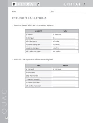 1 Passa del present al futur les formes verbals següents:
2 Passa del futur al passat les formes verbals següents:
QUAC
Nom: Data:
U N I TAT 7R F I T X A 7
96
ESTUDIEM LA LLENGUA
present
jo trenco
tu trenques
ell o ella trenca
nosaltres trenquem
vosaltres trenqueu
ells o elles trenquen
futur
jo trencaré
tu
ell o ella
nosaltres
vosaltres
ells o elles
futur
jo marxaré
tu marxaràs
ell o ella marxarà
nosaltres marxarem
vosaltres marxareu
ells o elles marxaran
passat
jo marxava
 
