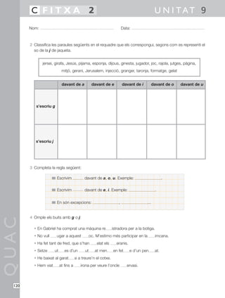 QUAC
Nom: Data:
120
2 Classifica les paraules següents en el requadre que els correspongui, segons com es representi el
so de la j de jaqueta.
3 Completa la regla següent:
4 Omple els buits amb g o j:
• En Gabriel ha comprat una màquina re istradora per a la botiga.
• No vull ugar a aquest oc. M’estimo més participar en la imcana.
• Ha fet tant de fred, que s’han elat els eranis.
• Setze ut es d’un ut at men en fet e d’un pen at.
• He baixat al garat e a treure’n el cotxe.
• Hem viat at fins a irona per veure l’oncle ervasi.
U N I TAT 9C F I T X A 2
jersei, girafa, Jesús, pijama, esponja, dijous, ginesta, jugador, joc, rajola, jutges, pàgina,
mitjó, gerani, Jerusalem, injecció, granger, taronja, formatge, gelat
davant de a davant de e davant de i davant de o davant de u
Escrivim davant de a, o, u. Exemple: .
Escrivim davant de e, i. Exemple: .
En són excepcions: , ...
s’escriu g
s’escriu j
 