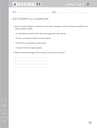 QUAC
129
1 De les oracions següents, subratlla de color blau el sintagma nominal. Després subratlla de ver-
mell el sintagma verbal:
• La filla petita de la veïna de la meva mare juga amb el gos del veí.
• El meu cosí americà arribarà el mes de febrer.
• En Pere em va presentar la seva amiga.
• El gat del veí era un gran caçador.
2 Destria el nucli del sintagma nominal de les oracions de l’activitat 1:
•
•
•
•
Nom: Data:
U N I TAT 9A F I T X A 11
ESTUDIEM LA LLENGUA
 