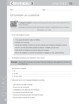 1 El Joc del sintagma nominal
1 Feu grups de quatre i seieu en rotllana.
2 Decidiu qui comença.
3 El qui de vosaltres comenci ha de dir la paraula que encetarà el sintagma nominal.
4 El noi o la noia de la dreta repeteix la paraula i n’afegeix una de nova.
5 Heu de fer el sintagma nominal tan llarg com pugueu.
6 Si un de vosaltres no recorda una paraula o hi afegeix un veb, queda eliminat.
El sintagma nominal pot ser llarguíssim. Fixeu-vos-hi:
Exemple: «Aquell petit canari groc de la veïna rossa de l’amiga de l’àvia pigada de cal Paiet de
la contrada de...»
Ara us toca a vosaltres:
1 El
2 El meu
3 El meu cotxe
2 Indica quin és el nucli d’aquests sintagmes nominals:
• gos del meu veí calb i simpàtic
• El pont nou de l’autopista
• L’assignatura més difícil que ens ensenyen
• Les plantes florides del seu jardí
• Una bona caminada pel parc del costat de casa
• Els gronxadors divertits de la plaça
QUAC
Nom: Data:
U N I TAT 10C F I T X A 3
136
ESTUDIEM LA LLENGUA
El sintagma nominal és una part de l’oració que té com a nucli un nom. Sense nucli no hi
hauria sintagma.
El sintagma nominal pot portar determinants al davant i complements del nom al darrere.
SN © (Det.) + N + (CN)
 