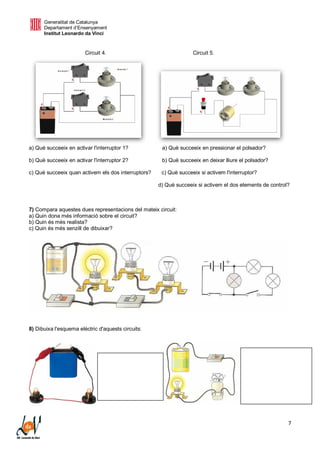 Generalitat de Catalunya
Departament d’Ensenyament
Institut Leonardo da Vinci
7
Circuit 4. Circuit 5.
a) Què succeeix en activar l'interruptor 1? a) Què succeeix en pressionar el polsador?
b) Què succeeix en activar l'interruptor 2? b) Què succeeix en deixar lliure el polsador?
c) Què succeeix quan activem els dos interruptors? c) Què succeeix si activem l'interruptor?
d) Què succeeix si activem el dos elements de control?
7) Compara aquestes dues representacions del mateix circuit:
a) Quin dona més informació sobre el circuit?
b) Quin és més realista?
c) Quin és més senzill de dibuixar?
8) Dibuixa l'esquema elèctric d'aquests circuits:
 