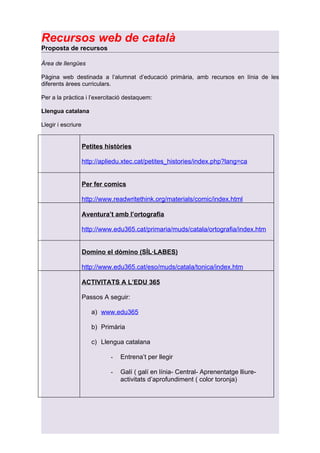 Recursos web de català
Proposta de recursos

Àrea de llengües

Pàgina web destinada a l’alumnat d’educació primària, amb recursos en línia de les
diferents àrees curriculars.

Per a la pràctica i l’exercitació destaquem:

Llengua catalana

Llegir i escriure


                    Petites històries

                    http://apliedu.xtec.cat/petites_histories/index.php?lang=ca


                    Per fer comics

                    http://www.readwritethink.org/materials/comic/index.html

                    Aventura’t amb l’ortografia

                    http://www.edu365.cat/primaria/muds/catala/ortografia/index.htm


                    Domino el dòmino (SÍL·LABES)

                    http://www.edu365.cat/eso/muds/catala/tonica/index.htm

                    ACTIVITATS A L’EDU 365

                    Passos A seguir:

                       a) www.edu365

                       b) Primària

                       c) Llengua catalana

                              -   Entrena’t per llegir

                              -   Galí ( galí en línia- Central- Aprenentatge lliure-
                                  activitats d’aprofundiment ( color toronja)
 