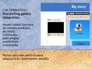L'ALTERNATIVA:
Storytelling gallery
integration

Aquest mòdul funciona
de manera semblant
als relats
Continuats,
però afegint
possibilitats
multimèdia.
Pensat pels més petits la seva
adaptació és relativament senzilla
 