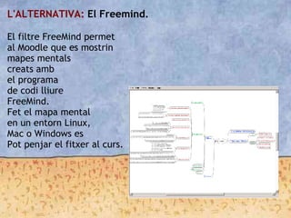 L'ALTERNATIVA: El Freemind.

El filtre FreeMind permet
al Moodle que es mostrin
mapes mentals
creats amb
el programa
de codi lliure
FreeMind.
Fet el mapa mental
en un entorn Linux,
Mac o Windows es
Pot penjar el fitxer al curs.
 