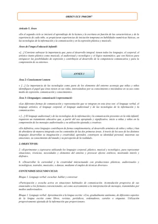 ORDEN ECI/ 3960/2007


Articulo 5. Àrees
«En el segundo ciclo se iniciará el aprendizaje de la lectura y la escritura en función de las características y de la
experiencia de cada niño, se propiciaran experiencias de iniciación temprana en habilidades numéricas básicas, en
las tecnologías de la información y la comunicación y en la expresión plástica y musical».
Àrees de l’etapa d’educació infantil:
«[…] Conviene subrayar la importancia que, para el desarrollo integral, tienen todos los lenguajes, el corporal, el
artístico (tanto plástico como musical), el audiovisual y tecnológico y el lógico matemático, que son básicos para
enriquecer las posibilidades de expresión y contribuyen al desarrollo de la competencia comunicativa y para la
comprensión de su entorno».


                                                     ANNEX 1
Àrea 2: Coneixement i entorn
« […] La importancia de las tecnologías como parte de los elementos del entorno aconseja que niñas y niños
identifiquen el papel que éstas tienen en sus vidas, interesándose por su conocimiento e iniciándose en su uso como
medio de expresión, comunicación y conocimiento».
Àrea 3: Llenguatges: comunicació i representació:
«Las diferentes formas de comunicación y representación que se integran en esta área son: el lenguaje verbal, el
lenguaje artístico, el lenguaje corporal, el lenguaje audiovisual y de las tecnologías de la información y la
comunicación».
« […] El lenguaje audiovisual y de las tecnologías de la información y la comunicación presentes en la vida infantil,
requieren un tratamiento educativo que, a partir del uso apropiado y significativo, inicie a niñas y niños en la
comprensión de los mensajes audiovisuales y su utilización ajustada y creativa».
«En definitiva, estos lenguajes contribuyen de forma complementaria, al desarrollo armónico de niños y niñas y han
de abordarse de manera integrada con los contenidos de las dos primeras áreas. A través de los usos de los distintos
lenguajes desarrollan su imaginación y creatividad, aprenden, construyen su identidad personal, muestran sus
emociones, su conocimiento del mundo y su percepción de la realidad».
2. OBJECTIVOS:
2. «Experimentar y expresarse utilizando los lenguajes corporal, plástico, musical y tecnológico, para representar
situaciones, vivencias, necesidades y elementos del entorno y provocar efectos estéticos, mostrando interés y
disfrute».
6. «Desarrollar la curiosidad y la creatividad interactuando con producciones plásticas, audiovisuales y
tecnológicas, teatrales, musicales, o danzas, mediante el empleo de técnicas diversas».
CONTENIDOS SEGUNDO CICLO:
Bloque 1. Lenguaje verbal: escuchar, hablar y conversar
«Participación y escucha activa en situaciones habituales de comunicación. Acomodación progresiva de sus
enunciados a los formatos convencionales, así como acercamiento a la interpretación de mensajes, transmitidos por
medios audiovisuales».
Bloque 1. Lenguaje verbal: Aproximación a la lengua escrita: «Uso, gradualmente autónomo, de diferentes soportes
de la lengua escrita como libros, revistas, periódicos, ordenadores, carteles o etiquetas. Utilización
progresivamente ajustada de la información que proporcionan».
 