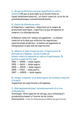 1.-En què es diferencia una gran superfícied'un centre
comercial?En que un gran espai es un llocons'inclou un
tipusd'establimentcomercial, i un centre comercial, es un lloc de
gransdimensionsque incloumoltsestabliments.

2.-Indica les diferències entre:
a) Importacio i exportacio→Importacio es la compra de
productesd'unaltrepais, i exportacio es que altrespaisos et
compren a tu elsteusproductes.

b) Balancia comercial i balanca de pagaments→ La balanca
comercial es la dada que reflecteix les impotacions i
exportacionsde productes, i la balanca de pagaments es
elsingressosd'un país amb les exportacions.

4.-Observa la taula d'exportacions i d'importacions de
mercaderies a Espanya i calcula el saldo de
balança comercial espanyola en cada un d'aqueixosanys. És
positiva o negativa? Per què?
1900 → -19640 → Saldo negatiu
1995 → -16631 → Saldo negatiu
2000 → -45291 → Saldo negatiu
2005 → 77812 → Saldo positiu
2007 → -100015 → Saldo negatiu

5.-Compot compensar-se el saldo negatiu de la balança comercial
d'un país?
Augmentant les exportacions a altrespaïsos.

7.-Esbrinaquinsavantatges i quinsinconvenients té el tren
d'altavelocitat.
Avantatges→Gran capacitat de càrrega, poca contaminació i
accedeixdirectament a l'interior de les ciutats.
Inconvenients→ Crear les infraestructuresvoldirfer una gran inversió.
 