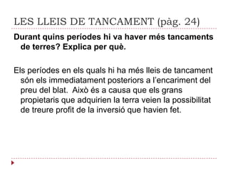 Trèvols o alfals (fixadors de nitrogen a la terra)LA ROTACIÓ DE CONREUS (pàg. 24)Raonaquinsadvantatgesrepresentavaaquest sistema respecte de la rotaciótriennal.Elsgransavantatges del sistema Norfolk si el comparamamb la rotaciótriennalsón:Eliminació del període de guaret.Aportació activa, de forma natural, delselements que necessitenelscultius per créixeradequadament sónaportats per plantacions de naps, trèvols o alfals.Va augmentar la producció de farratge  s’alimentava el bestiar i elsfemsdelsanimals va millorar la fertilitat de la terra.L’augmenttant de la producciócom de la productivitatdelscultius.
