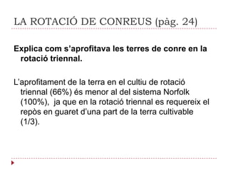 LA ROTACIÓ DE CONREUS (pàg. 24)Explica coms’aprofitava les terres de conre en la rotaciótriennal.L’aprofitament de la terra en el cultiu de rotaciótriennal (66%) és menor al del sistema Norfolk (100%),  ja que en la rotaciótriennal es requereix el repòs en guaretd’unapart de la terra cultivable (1/3).