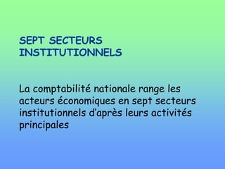 SEPT SECTEURS
INSTITUTIONNELS
La comptabilité nationale range les
acteurs économiques en sept secteurs
institutionnels d’après leurs activités
principales
 