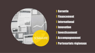 Garantie
Financement
International
Innovation
Investissement
Accompagnement
Partenariats régionaux
SOMMAIRE
 