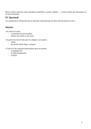 Dans le même esprit les autres disciplines (équilibres, assiettes, diabolo …) seront évalués par l'animateur ou
en auto-évaluation.
IV. Spectacle
Les animations se finaliseront par un spectacle représenté par les élèves devant parents et amis.
Objectifs :
• Se mettre en scène
− se présenter devant un public
− réaliser une entrée et une sortie
• Acquérir des savoir-faire pour les intégrer à un numéro.
− mimer
− des portés (lourd, léger, comique)
• Concevoir des séquences particulières pour un numéro.
− le jonglage raté
− la chute programmée
− l'exploit
6
 