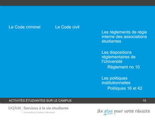 ACTIVITÉS ÉTUDIANTES SUR LE CAMPUS 15
1
Le Code criminel
Les règlements de régie
interne des associations
étudiantes
Les dispositions
réglementaires de
l’Université
Règlement no 10
Les politiques
institutionnelles
Politiques 16 et 42
Le Code civil
32
 