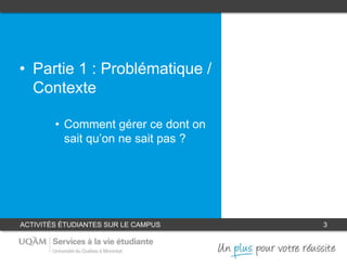 ACTIVITÉS ÉTUDIANTES SUR LE CAMPUS 3
• Partie 1 : Problématique /
Contexte
• Comment gérer ce dont on
sait qu’on ne sait pas ?
 