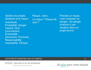 ACTIVITÉS ÉTUDIANTES SUR LE CAMPUS 4
1
Gestion de projets
étudiants et le risque ;
Incertitude.
Probabilité. Danger.
Hasard. Péril.
Inconvénient.
Éventualité.
Assurance. Poursuite.
Responsabilité.
Imputabilité. Éthique.
Prendre un risque,
c’est s’exposer au
danger. Un danger
inhérent à une
situation dans un
projet donné.
Risque, donc.
Le risque ? Risque de
quoi ?
32
 