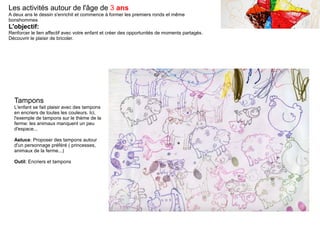Les activités autour de l'âge de 3 ans
A deux ans le dessin s'enrichit et commence à former les premiers ronds et même
bonshommes
L'objectif:
Renforcer le lien affectif avec votre enfant et créer des opportunités de moments partagés.
Découvrir le plaisir de bricoler.
Tampons
L'enfant se fait plaisir avec des tampons
en encriers de toutes les couleurs. Ici,
l'exemple de tampons sur le thème de la
ferme: les animaux manquent un peu
d'espace...
Astuce: Proposer des tampons autour
d'un personnage préféré ( princesses,
animaux de la ferme...)
Outil: Encriers et tampons
 